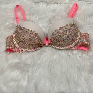 Y2K Victorias Secret Floral Lace Bra with Neon Pink Straps